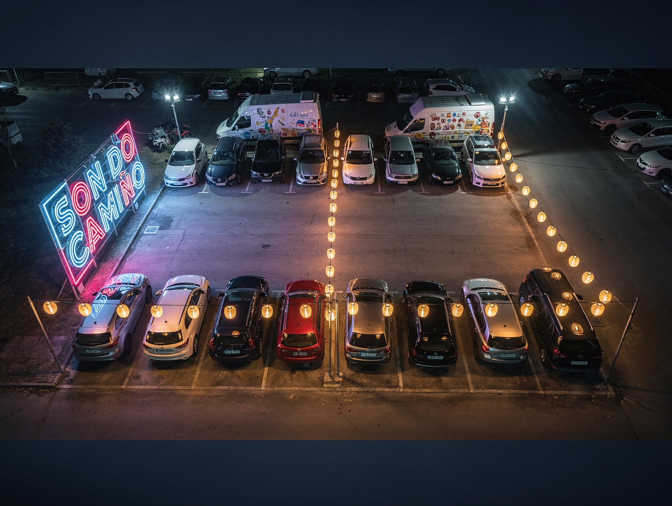 Vista aérea del recinto de parking privado iluminado
